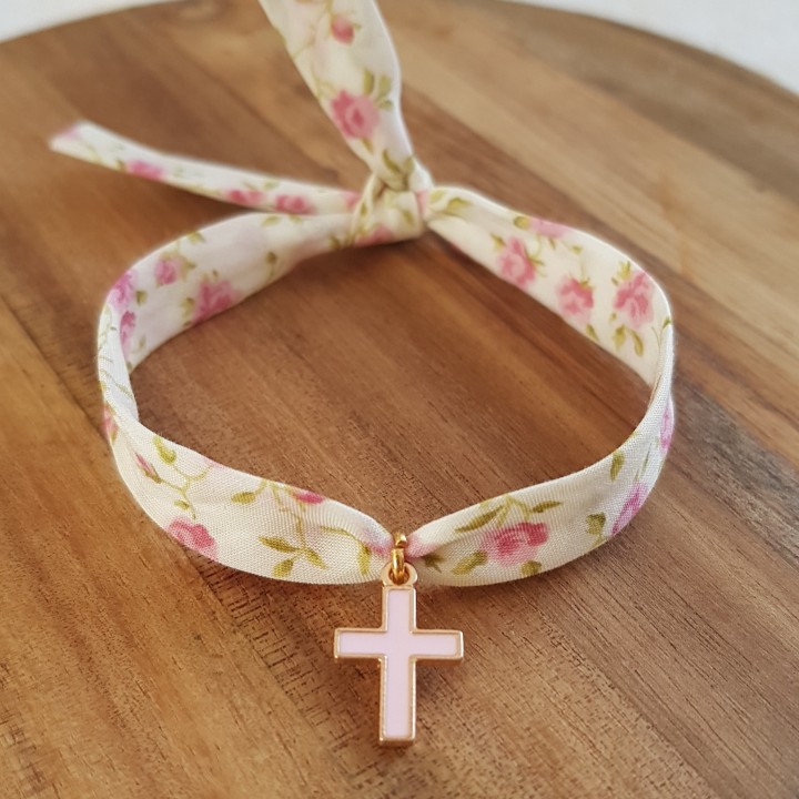 Croix émaillée blanche sur lien Liberty