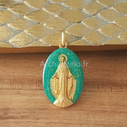 médaille miraculeuse paillètes émeraude  et or.