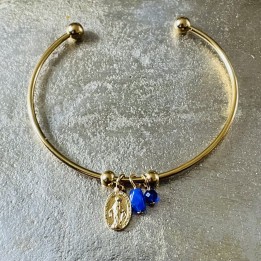 Jonc boules en acier doré inoxydable et médaille miraculeuse plaqué or.