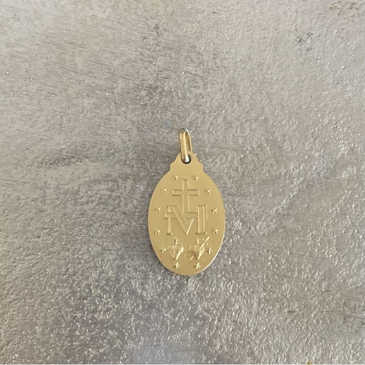 médaille miraculeuse paillettes bleu lagon et or.
