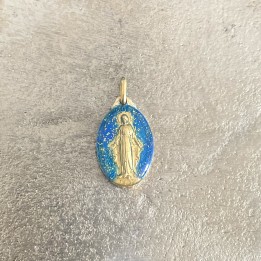 médaille miraculeuse paillettes bleu lagon et or.