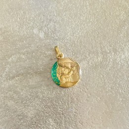 Médaille de Notre Dame de la tendresse, vert et or, paillètes dorées.