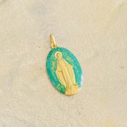 médaille miraculeuse paillètes émeraude  et or.