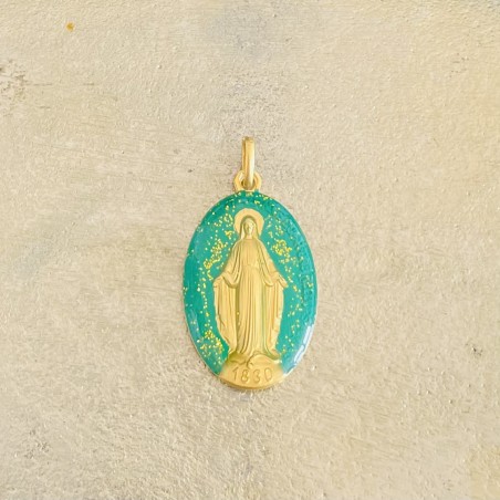 médaille miraculeuse paillètes émeraude  et or.