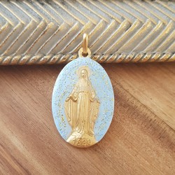 médaille miraculeuse bleu céleste et pailletes or.