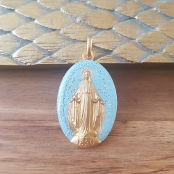médaille miraculeuse bleu céleste et pailletes or.