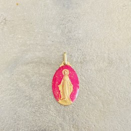médaille miraculeuse paillettes rose framboise et or.