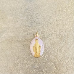 Médaille miraculeuse pailletée or , fond rose poudré.