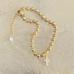 Bracelet chaine boule et croix strass plaqué or.