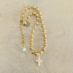 Bracelet chaine boule et croix strass plaqué or.