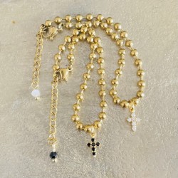 Bracelet chaine boule et croix strass plaqué or.