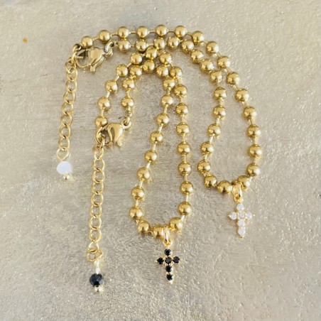 Bracelet chaine boule et croix strass plaqué or.