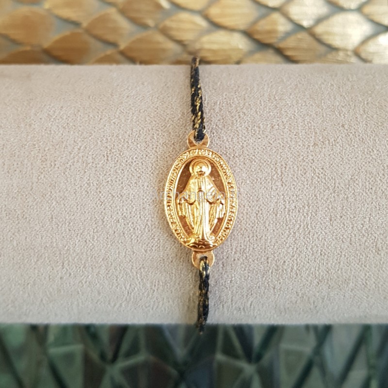 Bracelet coulissant en coton ciré  de la médaille miraculeuse plaqué or.