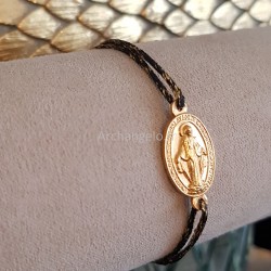 Bracelet coulissant en coton ciré  de la médaille miraculeuse plaqué or.