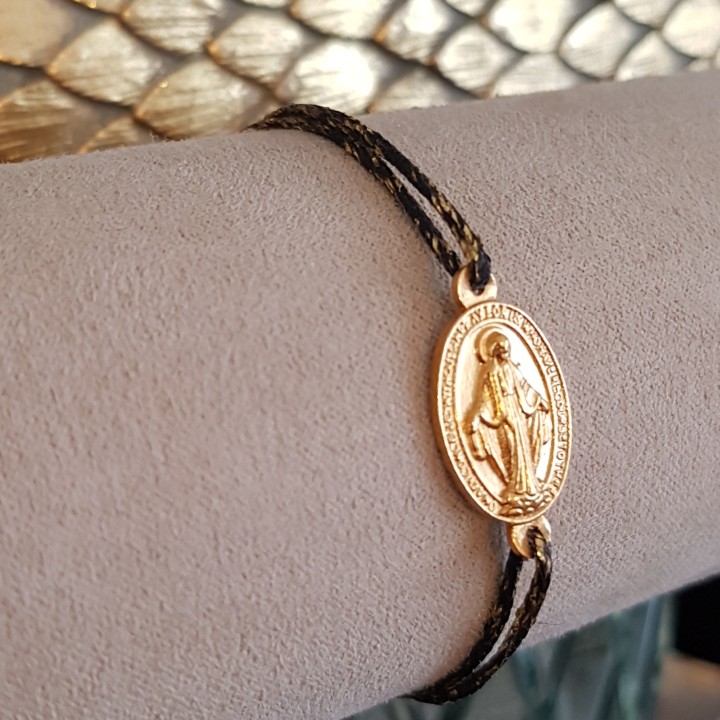 Bracelet coulissant en coton ciré  de la médaille miraculeuse plaqué or.