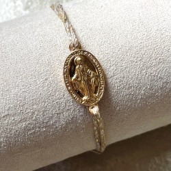 Bracelet coulissant en coton ciré  de la médaille miraculeuse plaqué or.