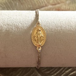 Bracelet coulissant en coton ciré  de la médaille miraculeuse plaqué or.
