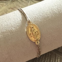 Bracelet coulissant en coton ciré  de la médaille miraculeuse plaqué or.