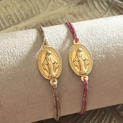 Bracelet coulissant en coton ciré  de la médaille miraculeuse plaqué or.