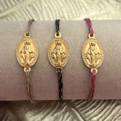 Bracelet coulissant en coton ciré  de la médaille miraculeuse plaqué or.