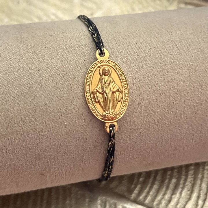Bracelet coulissant en coton ciré  de la médaille miraculeuse plaqué or.