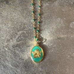Pendentif Ange émeraude et or pailleté.