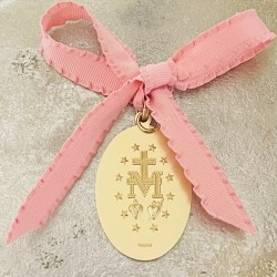 Médaillon médaille miraculeuse à suspendre, ruban bleu céleste et anneau.